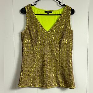 Yessica Pure Crochet Knit Eyelet Tan/Green Sleeveless  Top Size 40
